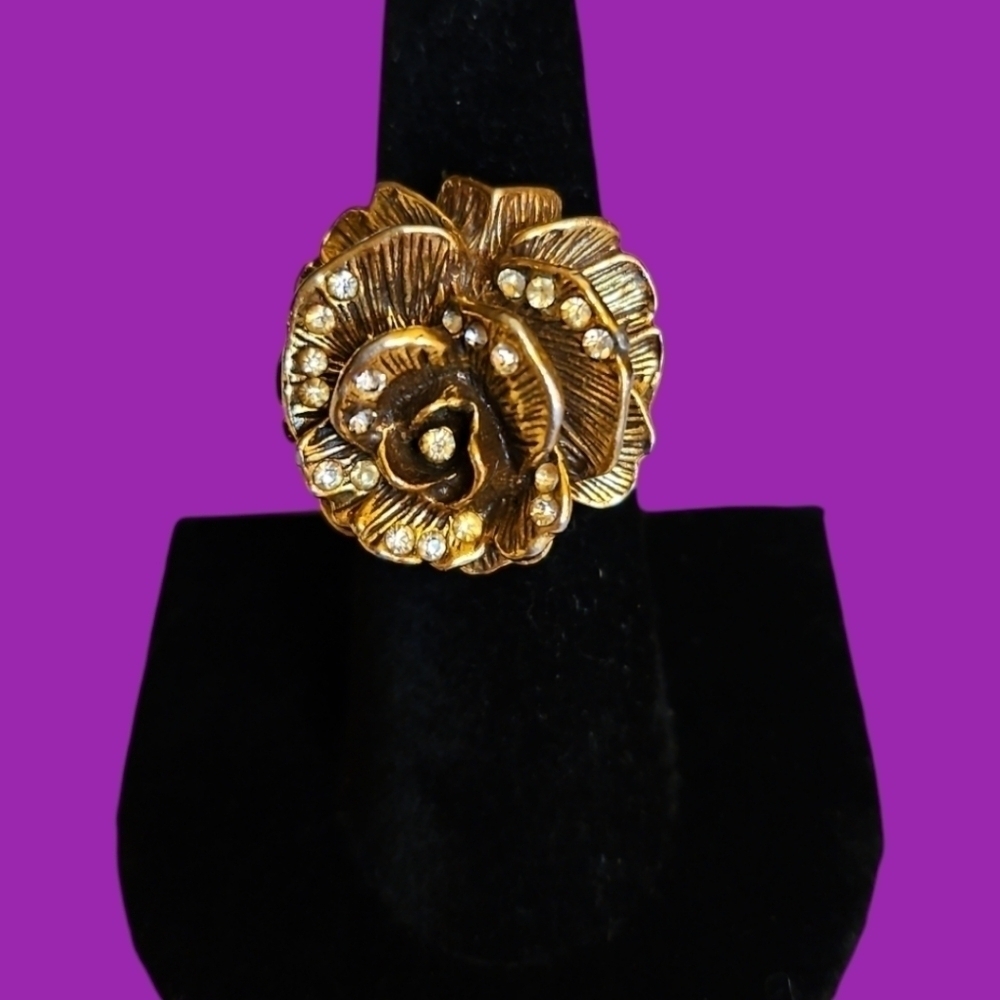 Vintage Crystal Rose Adjustable Statement Ring